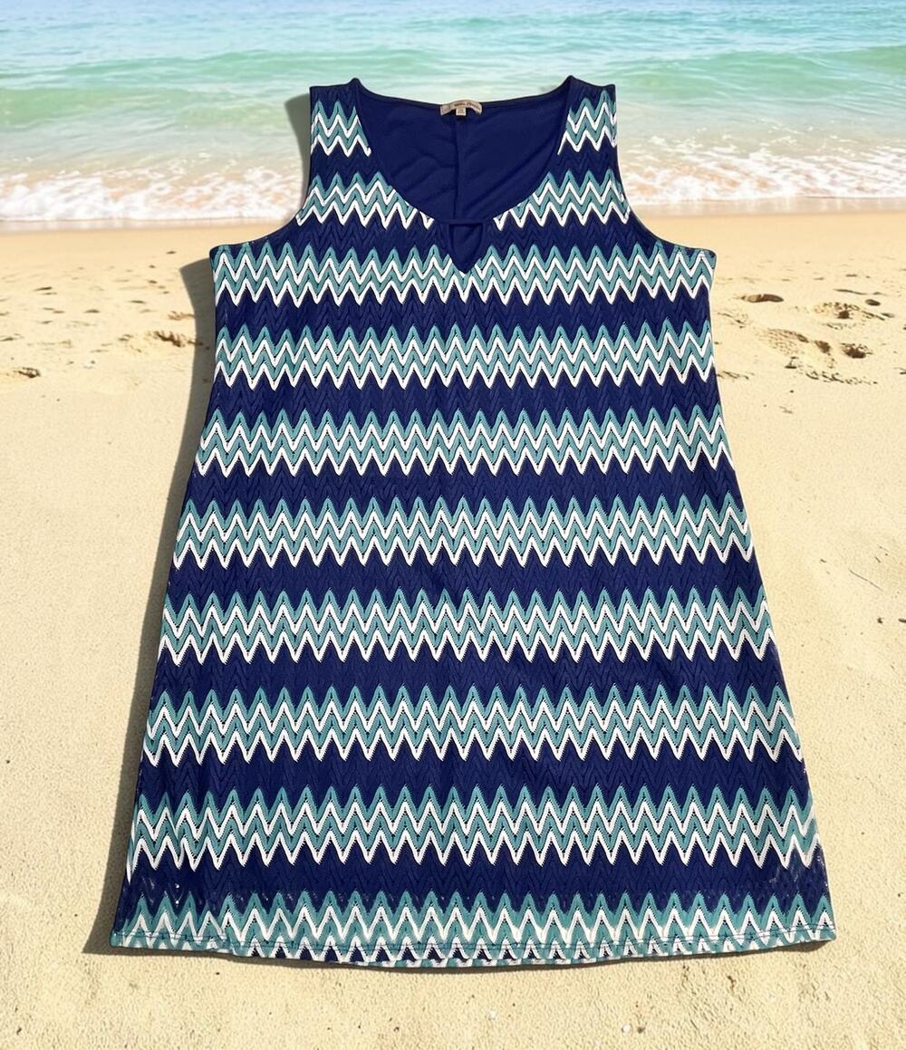 Ultra Teeze 2X Chevron Shift Dress Navy Teal White Sleeveless NWT Plus Size